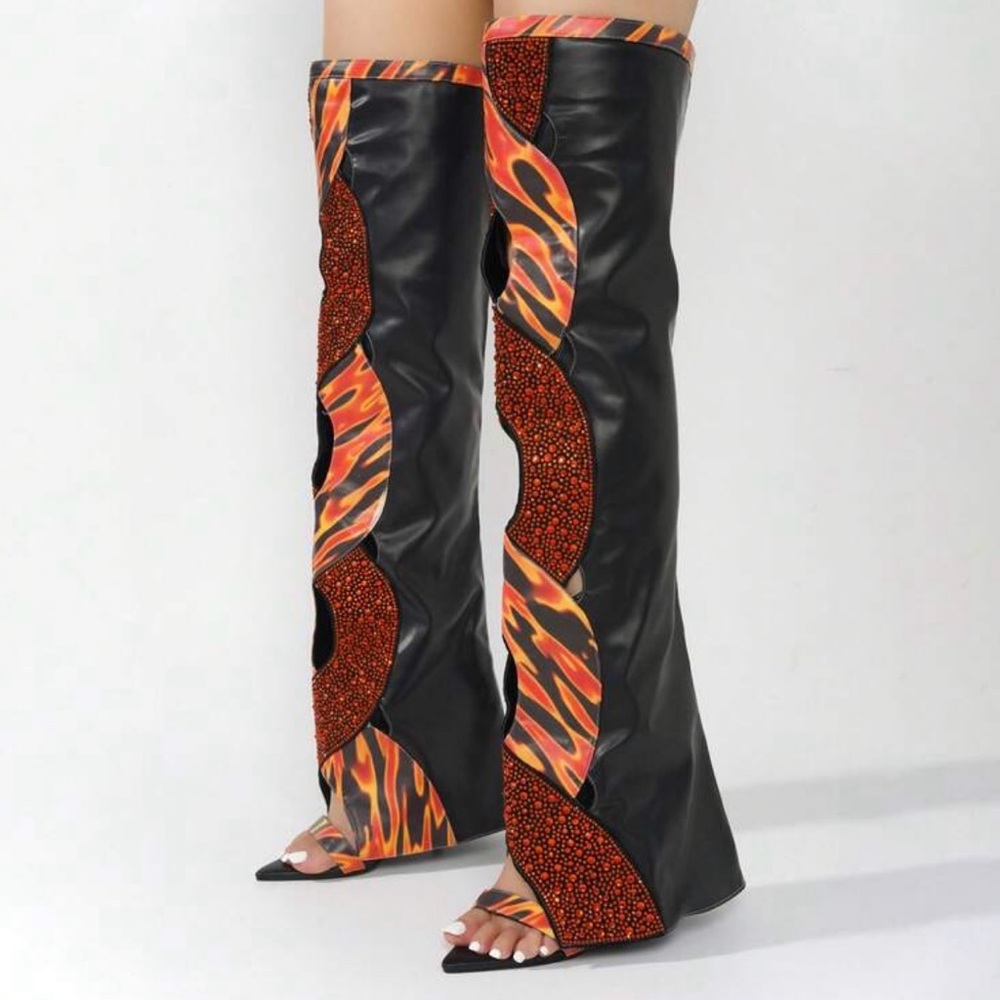 Black and Orange Thigh-High Boots (Never worn)
